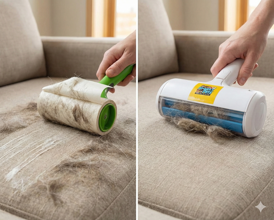 Reusable pet hair roller removing dog and cat hair from a fabric couch, compared to a sticky lint roller that leaves pet hair behind