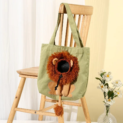 Pet Canvas Shoulder Bag Lion Shaped Cute Cat Carrier Portable Shoulder Carrying Bag Chest Cat Bag Outdoor Cat Tote