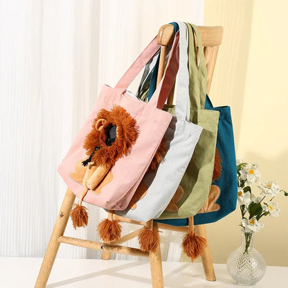 Pet Canvas Shoulder Bag Lion Shaped Cute Cat Carrier Portable Shoulder Carrying Bag Chest Cat Bag Outdoor Cat Tote